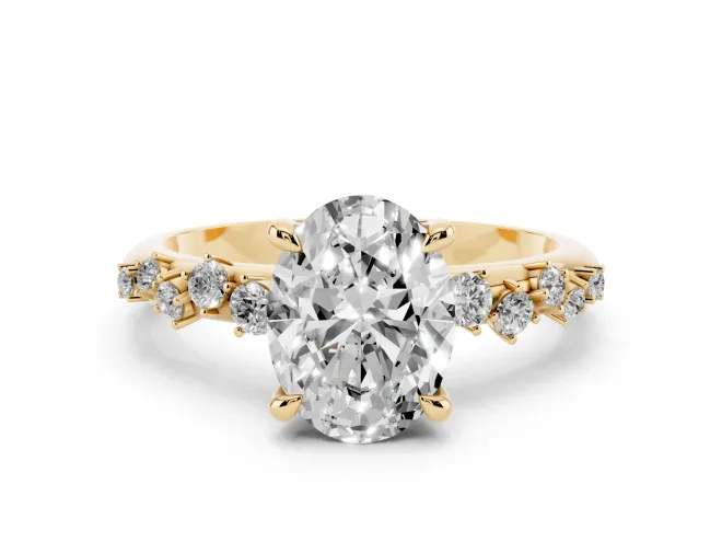 Oval Cut Diamond Solitaire Vine Band Ring Set in Yellow gold with Round Accents and Prong Setting