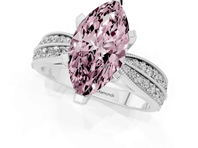 Fancy Pink Marquise Cut Diamond Solitaire Ring Set in Silver with Milgrain Double Row Round Pavé Band – second view