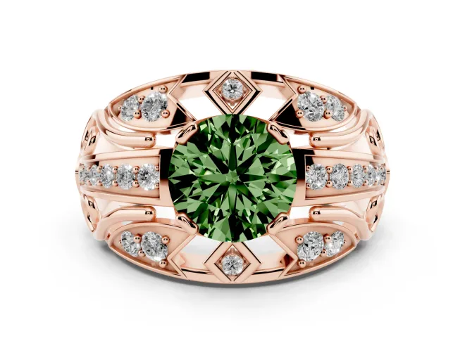 Round Art Deco Graduated Engagement Ring Setting for a Fancy Green Lab-Grown Diamond | Rose Gold