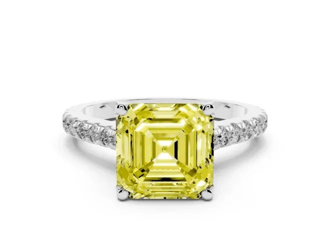 Asscher Cut Hidden Halo Engagement Ring Setting for a Fancy Yellow Lab-Grown Diamond | Claw Prongs | Sterling Silver