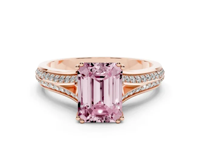 Emerald Cut Pavé Split Shank Engagement Ring Setting for a Fancy Pink Lab-Grown Diamond | Double Claw Prongs | Rose Gold
