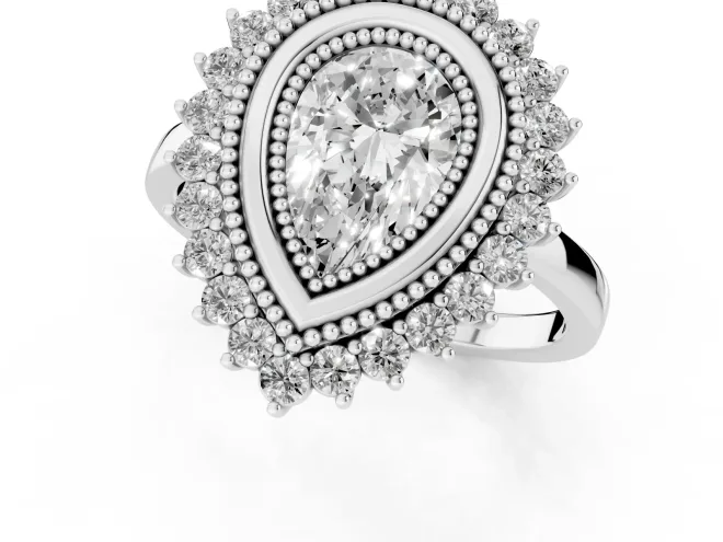 Pear Cut Diamond Halo Ring Set in White gold with Milgrain Edge and Round Prong Setting – second view