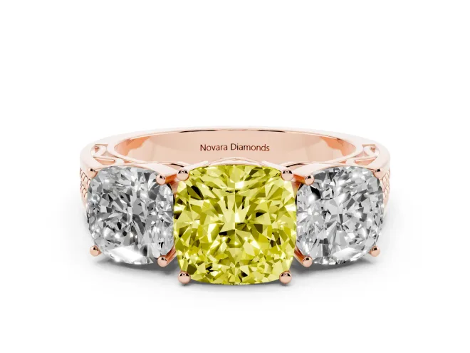 Cushion Cut Three Stone Engagement Ring Setting for a Fancy Yellow Lab-Grown Diamond | Beaded Shoulders | Rose Gold