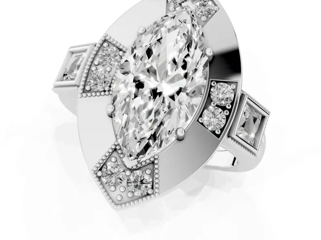 Marquise Cut Diamond Milgrain Halo Ring Set in Silver with Split Shank – second view