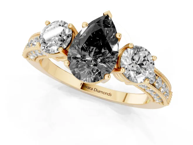 Fancy Black Pear Cut Diamond Three-Stone Ring Set in Yellow gold with Round Side Stones and Pavé Band – second view