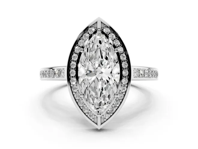 Marquise Cut Diamond Halo Pavé Split Shank Ring Set in Platinum with Prong Setting