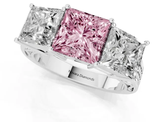 Fancy Pink Princess Cut Diamond Three-Stone Ring Set in Silver with Textured Band – second view