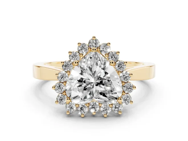 Heart Cut Diamond Halo Ring Set in Yellow gold with Round Halo and Smooth Solitaire Band