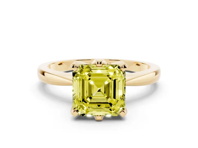 Fancy Yellow Asscher Cut Diamond Solitaire Engagement Ring Set in Yellow gold with Slim Tapered Solitaire Band