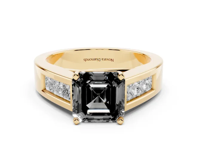 Fancy Black Asscher Cut Diamond Solitaire Ring Set in Yellow gold with Channel-Set Accent Stones and Prong Setting