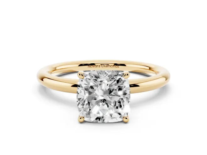 Cushion Cut Diamond Solitaire Ring Set in Yellow gold with Thin Band and Prong Setting