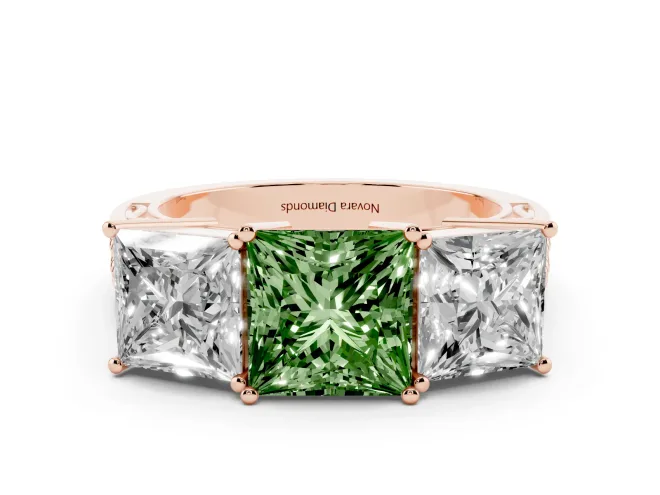 Fancy Green Princess Cut Diamond Three-Stone Ring Set in Rose gold with Textured Band