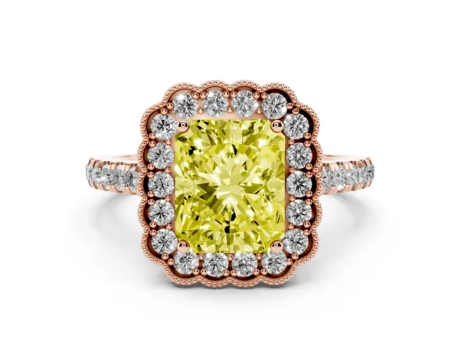 Radiant Cut Milgrain Floral Halo Engagement Ring Setting for a Fancy Yellow Lab-Grown Diamond | Pavé Band | Rose Gold