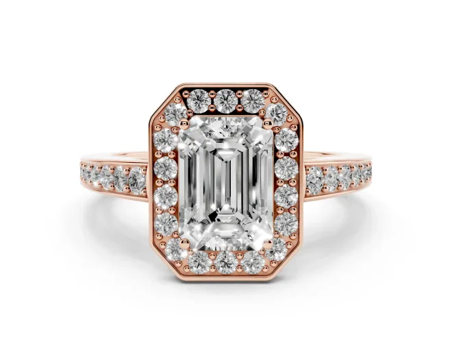 Emerald Cut Framed Halo Engagement Ring Setting | Graduated Pavé Band | Rose Gold
