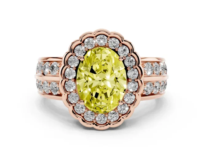 Oval Scalloped Halo Engagement Ring Setting for a Fancy Yellow Lab-Grown Diamond | Double Row Band | Rose Gold