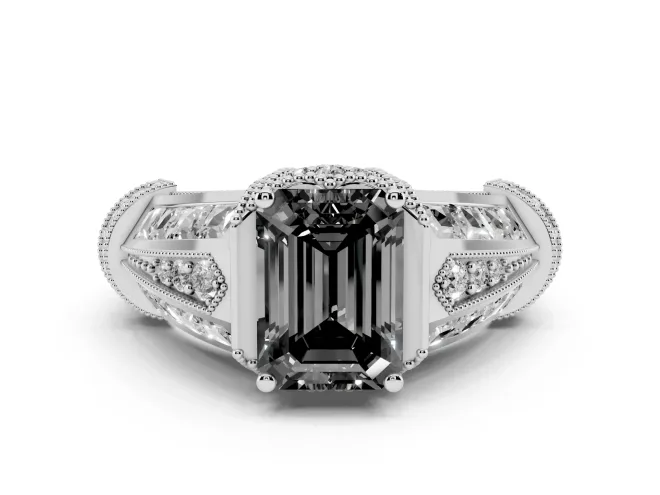 Fancy Black Emerald Cut Diamond Vintage-Inspired Milgrain Ring Set in White gold with Accent Split Shank
