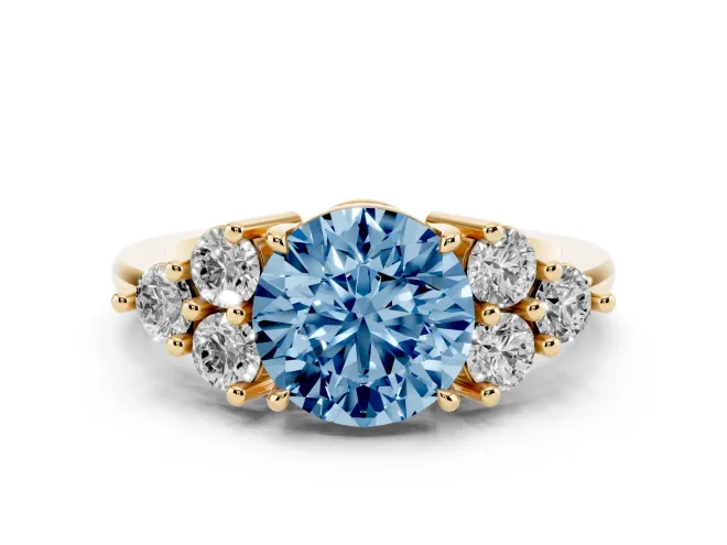 Fancy Blue Round Cut Diamond Solitaire Ring Set in Yellow gold with Cluster Accents on Each Side