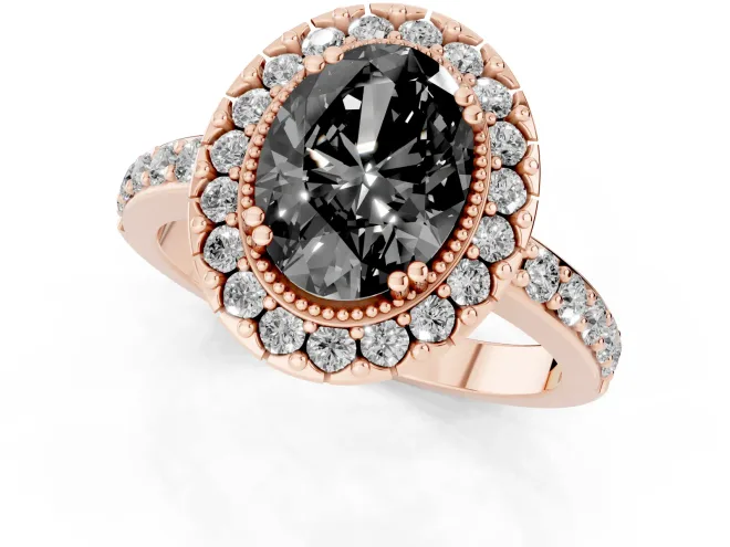 Fancy Black Oval Cut Diamond Halo Ring Set in Rose gold with Pavé Shank and Prong Setting – second view