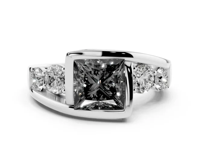 Fancy Black Princess Cut Diamond Bezel Bypass Ring Set in White gold with Round Accents