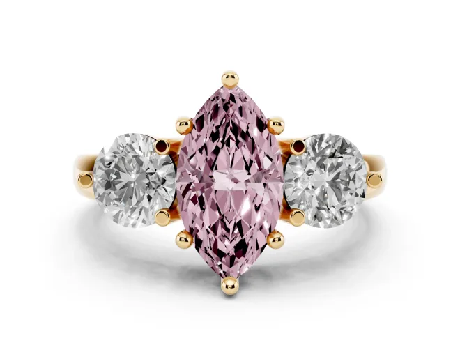 Marquise Three Stone Engagement Ring Setting for a Fancy Pink Lab-Grown Diamond | Open Prong Baskets | Yellow Gold