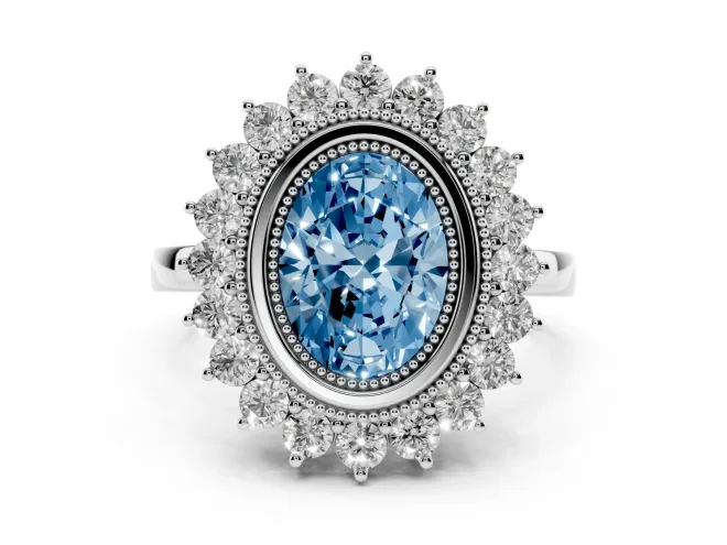 Oval Bezel Halo Engagement Ring Setting for a Fancy Blue Lab-Grown Diamond | White Gold