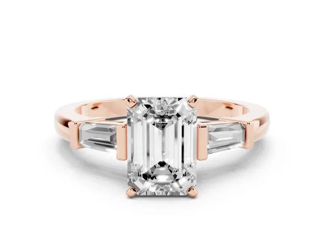 Emerald Cut Three-Stone Engagement Ring Setting | Tapered Baguettes | Rose Gold
