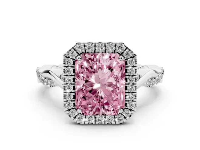 Radiant Cut Twist Halo Engagement Ring Setting for a Fancy Pink Lab-Grown Diamond | White Gold