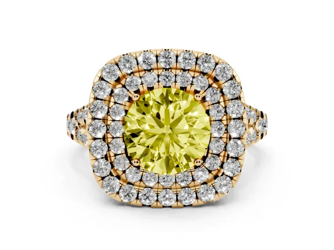 Fancy Yellow Round Cut Diamond Double Halo Ring Set in Yellow gold with Pavé Split Shank and Prong Setting