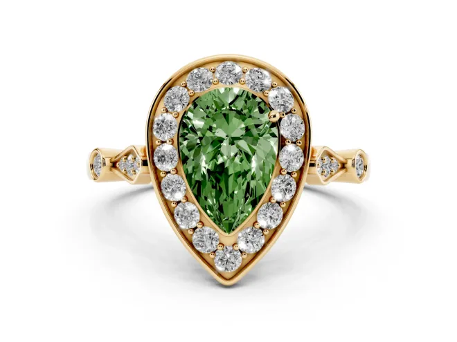 Pear-Shaped Halo Engagement Ring Setting for a Fancy Green Lab-Grown Diamond | Bezel Station Shoulders | Yellow Gold