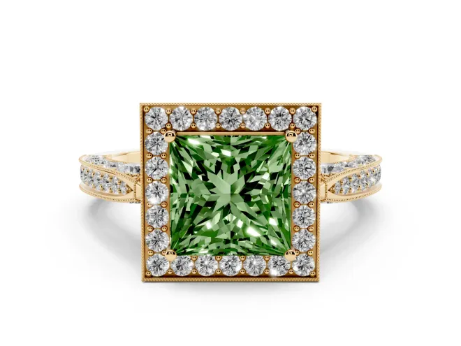 Princess Cut Milgrain Halo Engagement Ring Setting for a Fancy Green Lab-Grown Diamond | Side Stones | Yellow Gold