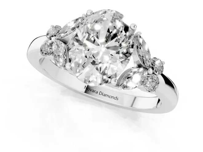 Oval Cut Diamond Solitaire Floral Ring Set in Silver with Marquise Petals and Prong Setting – second view