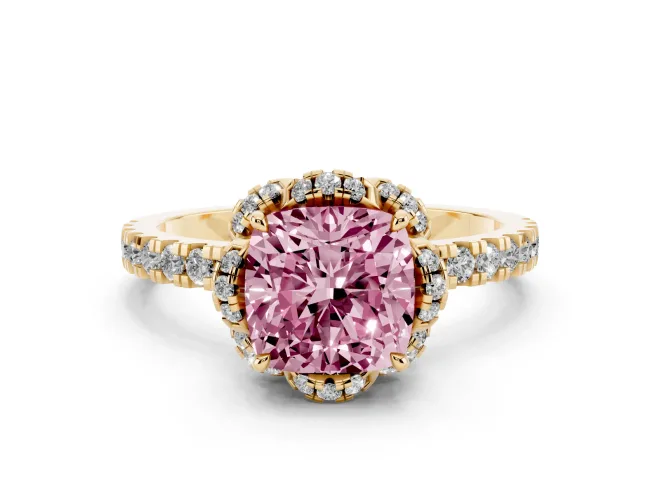 Cushion Cut Floral Petal Halo Engagement Ring Setting for a Fancy Pink Lab-Grown Diamond | Pavé Band | Yellow Gold