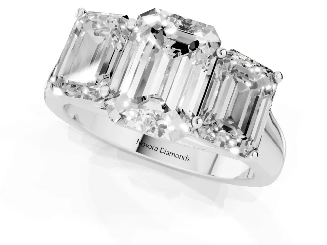 Emerald Cut Diamond Three-Stone Ring Set in Platinum with Plain Polished Band – second view