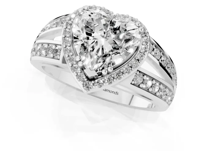 Heart Cut Diamond Halo Ring Set in White gold with Double Pavé Split Shank – second view