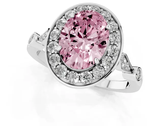 Fancy Pink Oval Cut Diamond Halo Engagement Ring Set in Platinum with Twisted Band and Prong Setting – second view