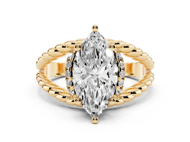 Marquise Cut Diamond Halo Ring Set in Yellow gold with Twisted Band and Prong Setting