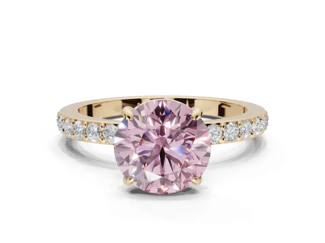 Round Hidden Halo Engagement Ring Setting for a Fancy Pink Lab-Grown Diamond | Pavé Band | Yellow Gold