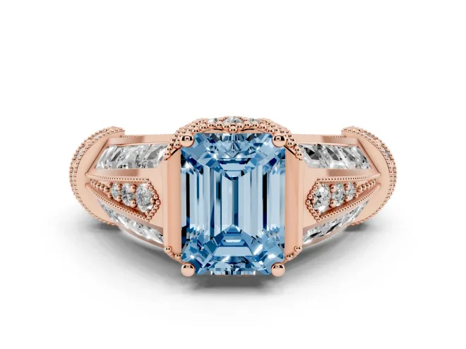 Fancy Blue Emerald Cut Diamond Vintage-Inspired Milgrain Ring Set in Rose gold with Accent Split Shank