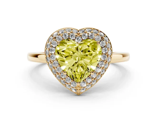 Heart-Shaped Pavé Halo Engagement Ring Setting for a Fancy Yellow Lab-Grown Diamond | Slim Plain Band | Yellow Gold