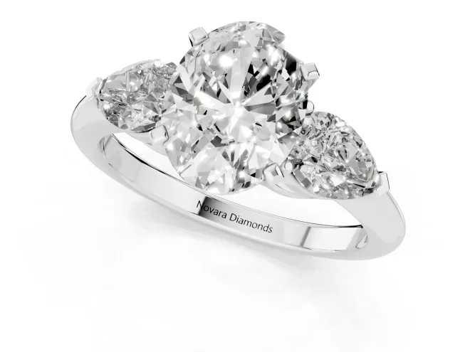 Three-Stone Oval Cut Diamond Ring Set in Silver with Pear Side Stones and Prong Setting – second view