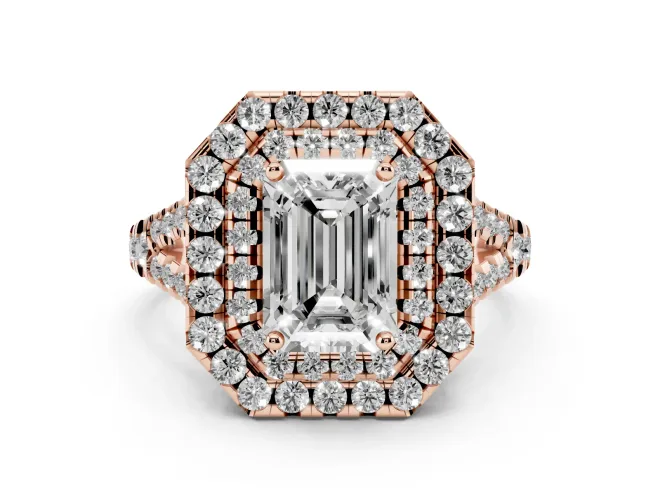 Emerald Cut Diamond Double Halo Ring Set in Rose gold with Pavé Split Shank and Prong Setting