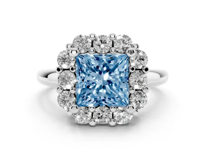 Princess Cut Cluster Halo Engagement Ring Setting for a Fancy Blue Lab-Grown Diamond | Large Round Accents | White Gold
