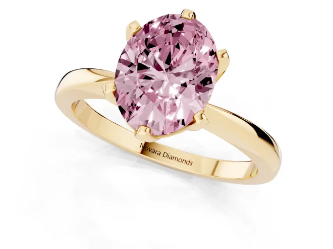 Fancy Pink Oval Cut Diamond Solitaire Engagement Ring Set in Yellow gold with Slim Tapered Solitaire Band – second view