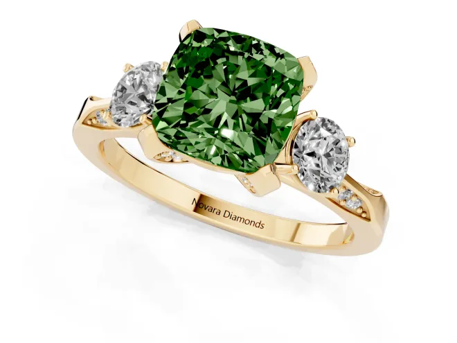Fancy Green Cushion Cut Diamond Three-Stone Ring Set in Yellow gold with Pavé Band and Smaller Side Stones – second view