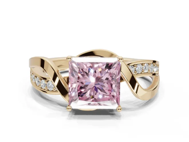 Princess Cut Bypass Solitaire Engagement Ring Setting for a Fancy Pink Lab-Grown Diamond | Pavé Strands | Yellow Gold