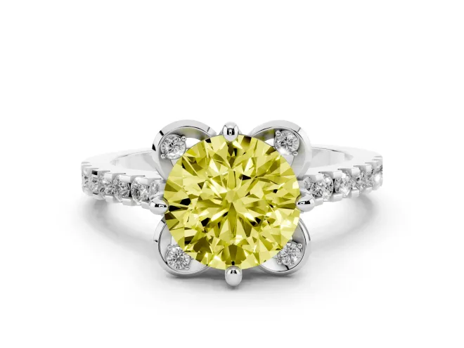 Fancy Yellow Round Cut Diamond Solitaire Ring Set in White gold with Pavé Band and Floral Prong Setting