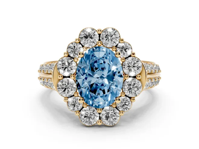 Oval Large Accent Halo Engagement Ring Setting for a Fancy Blue Lab-Grown Diamond | Yellow Gold