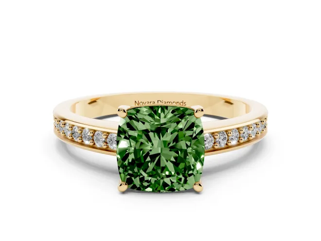 Cushion Cut Pavé Solitaire Engagement Ring Setting for a Fancy Green Lab-Grown Diamond | Accented Basket | Yellow Gold