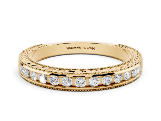 Round Lab-Grown Diamond Vintage Channel Set Wedding Band | Carved Leaf Sides | Yellow Gold