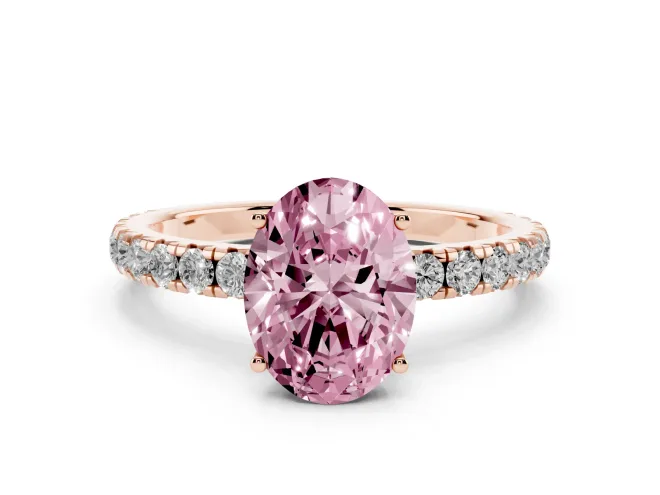 Fancy Pink Oval Cut Diamond Pavé Solitaire Engagement Ring Set in Rose gold with Prong Setting